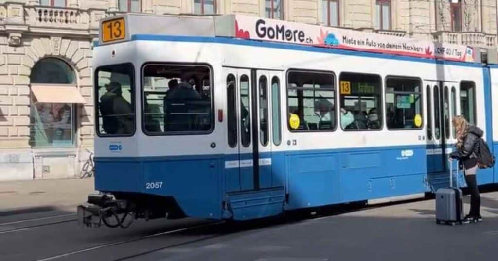 Blue and white zurich tram